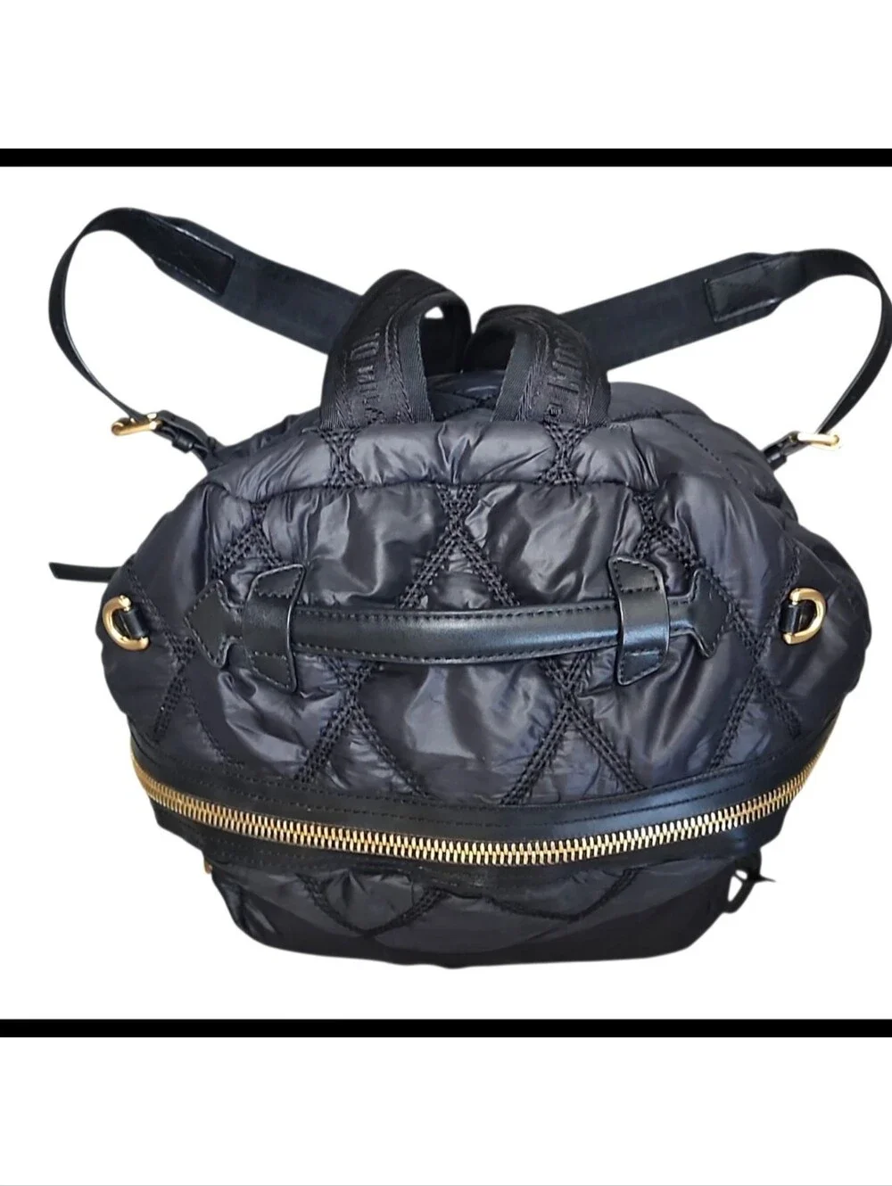 MOSCHINO Quilted Stitch Logo Backpack Gold Studded Hardware Key Ring Nylon Black